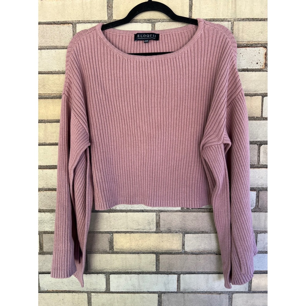 Eloquii Ribbed Knit Slit Sleeve Cropped Sweater Size 14/16 1X Mauve Pink Thick